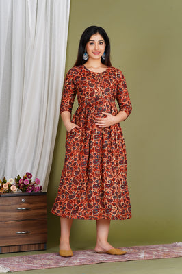 Everyday Comfort Maroon Floral Cotton Maternity Wear Gown