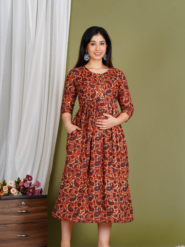 Everyday Comfort Maroon Floral Cotton Maternity Wear Gown