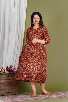 Everyday Comfort Maroon Floral Cotton Maternity Wear Gown