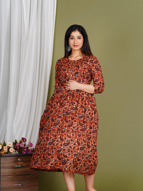 Everyday Comfort Maroon Floral Cotton Maternity Wear Gown