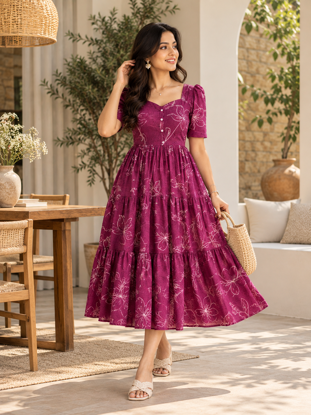 Berry Bloom Floral Tiered Cotton Midi Dress