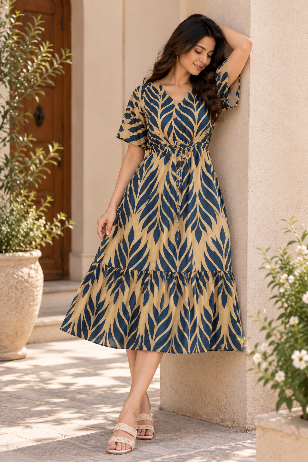 Indolady Cotton Leaf Print Tiered Cotton Midi Dress