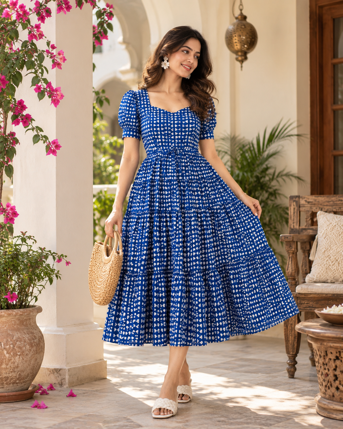 Blue Petal Cotton Flare Midi Dress