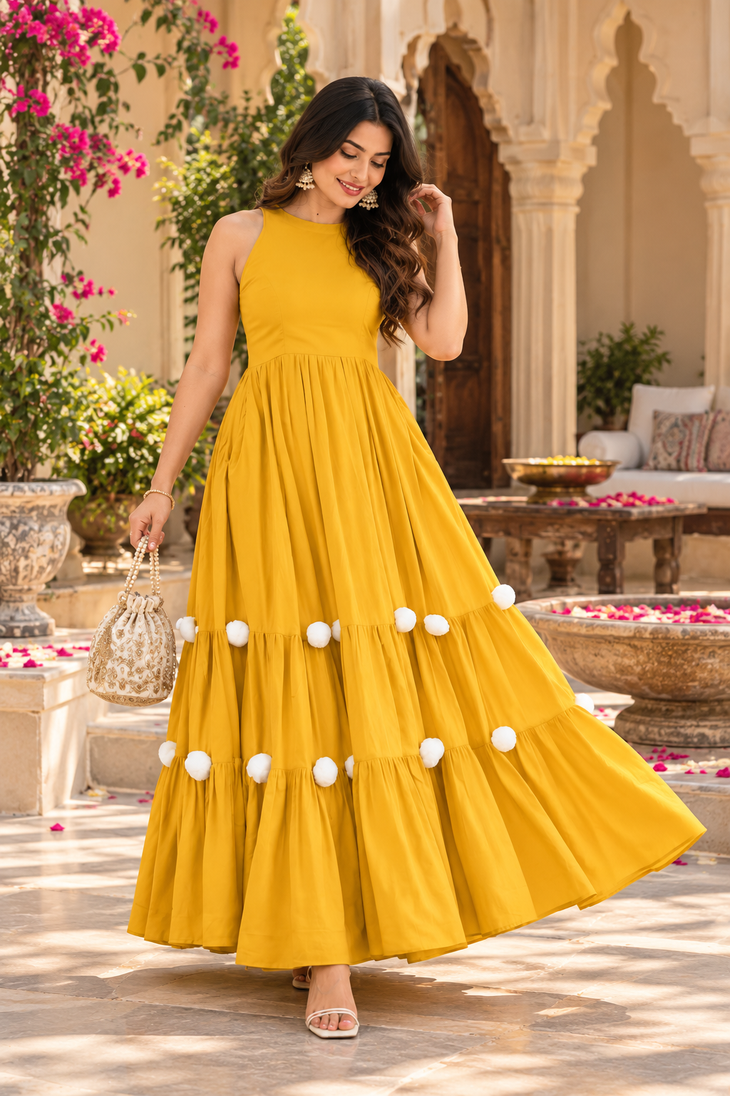 Indolady Cotton Mustard Dream Tiered Dress