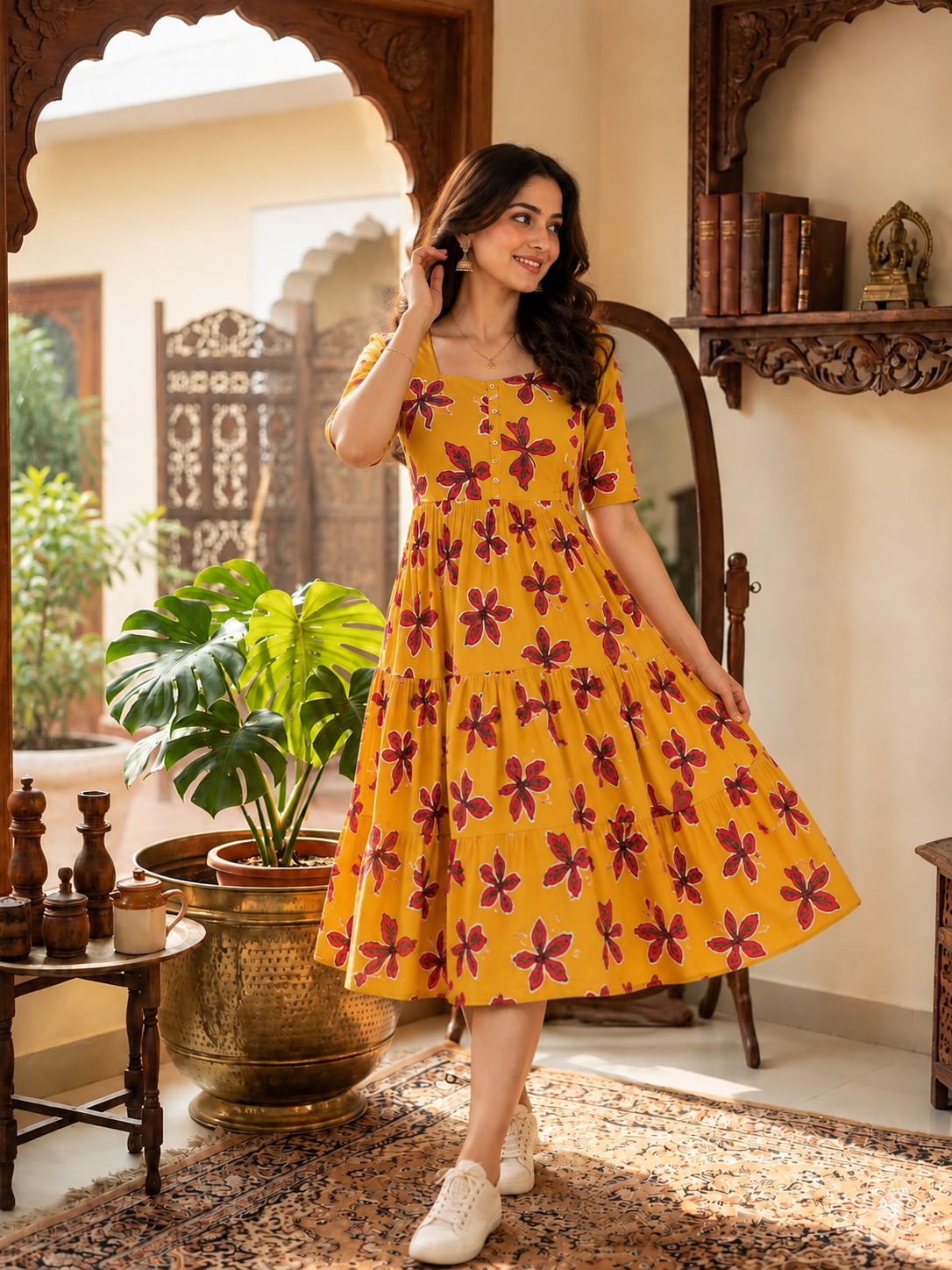 Mustard Red Floral Cotton Tiered Midi Dress