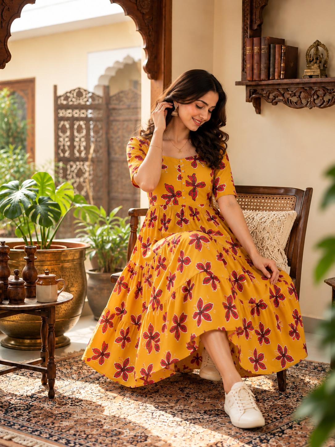 Mustard Red Floral Cotton Tiered Midi Dress
