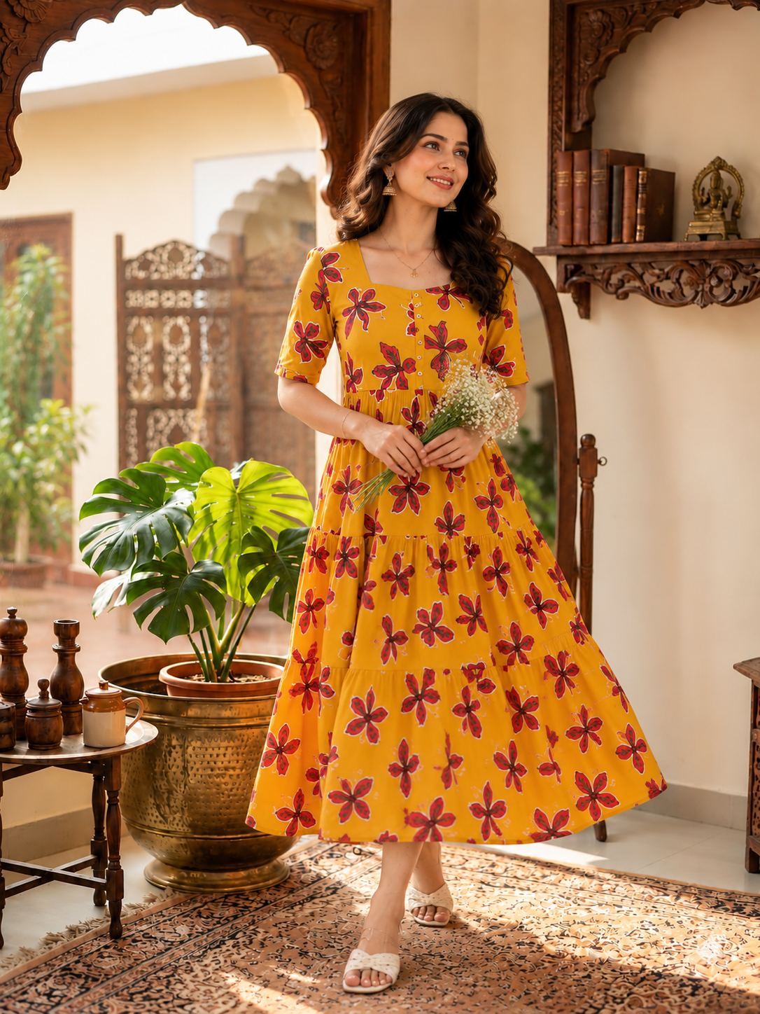 Mustard Red Floral Cotton Tiered Midi Dress