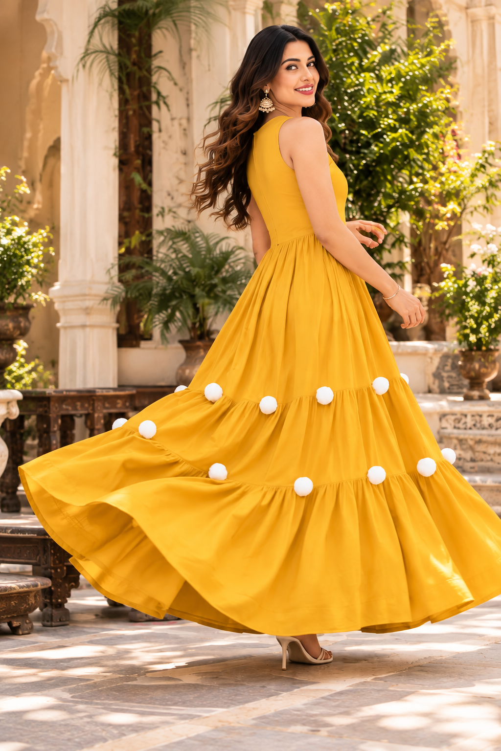Indolady Cotton Mustard Dream Tiered Dress