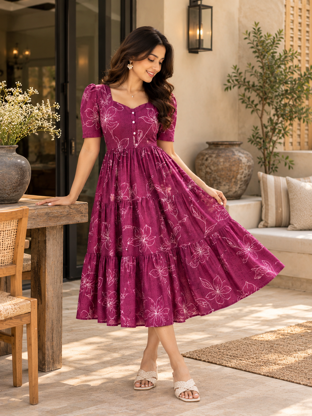 Berry Bloom Floral Tiered Cotton Midi Dress