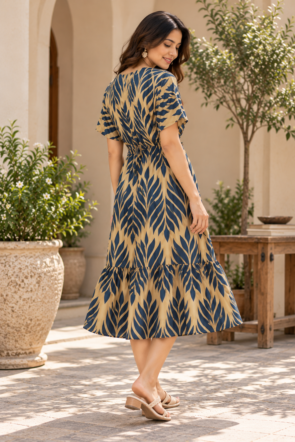 Indolady Cotton Leaf Print Tiered Cotton Midi Dress