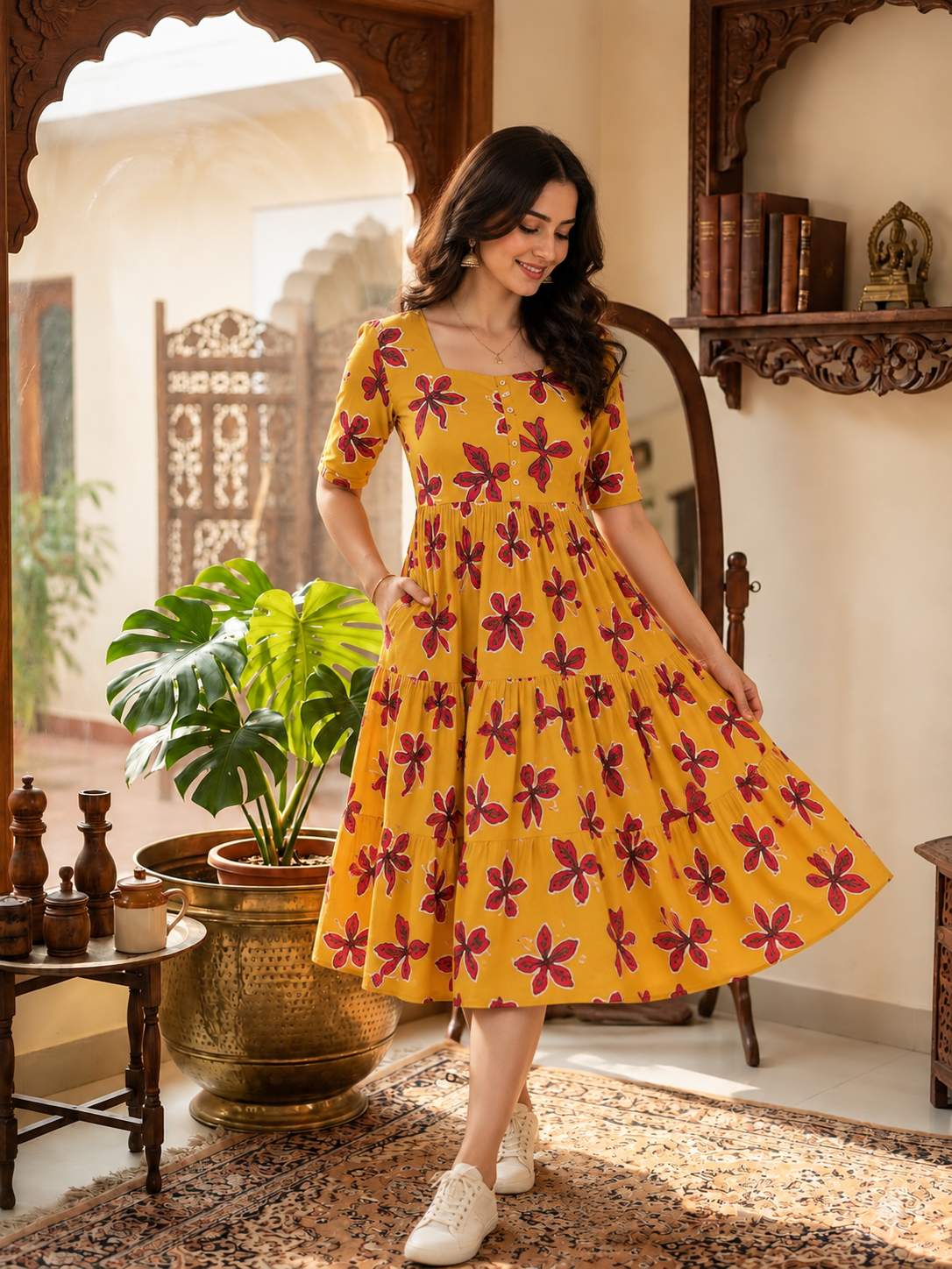 Mustard Red Floral Cotton Tiered Midi Dress