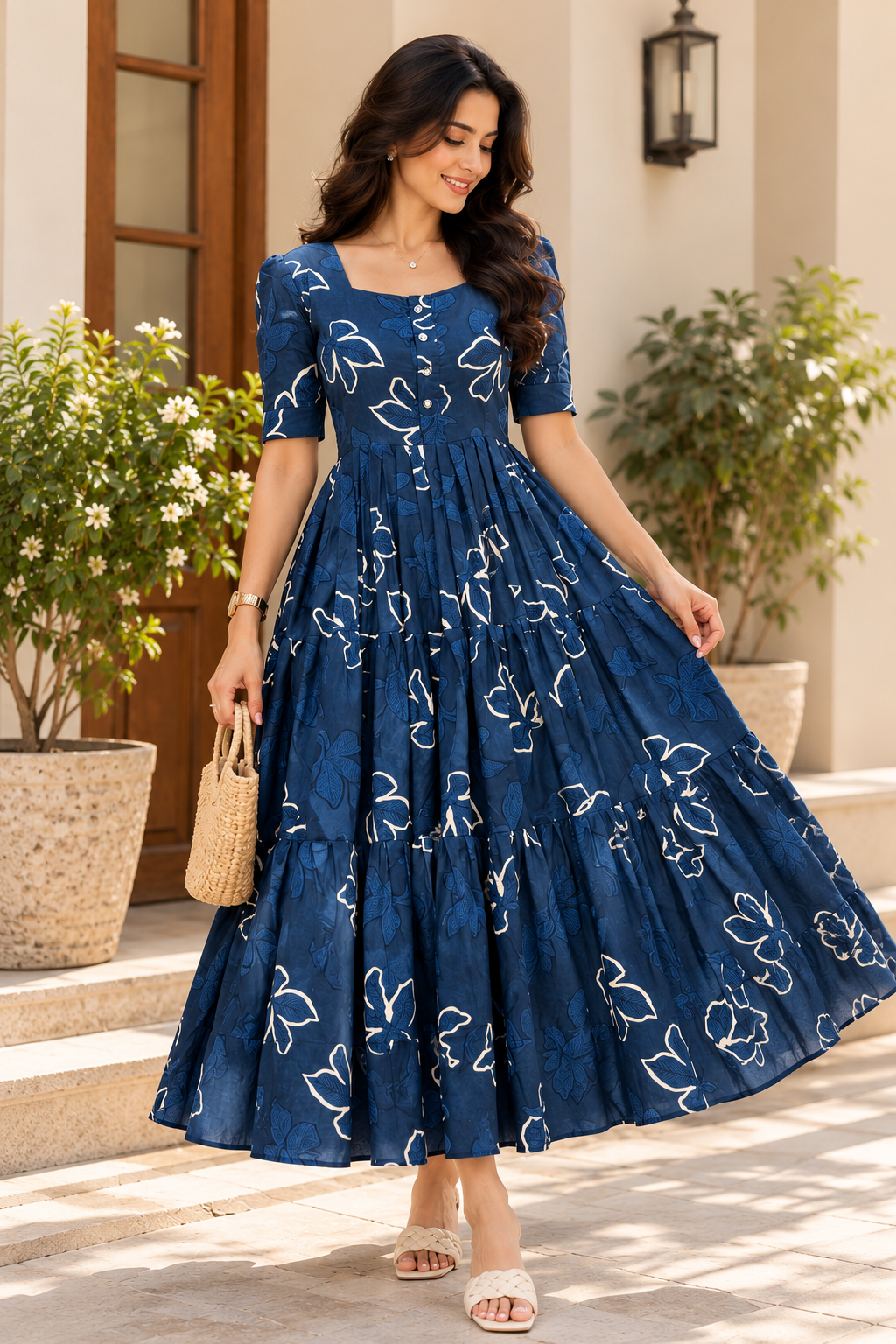 Deep Blue Bloom Tiered Dress