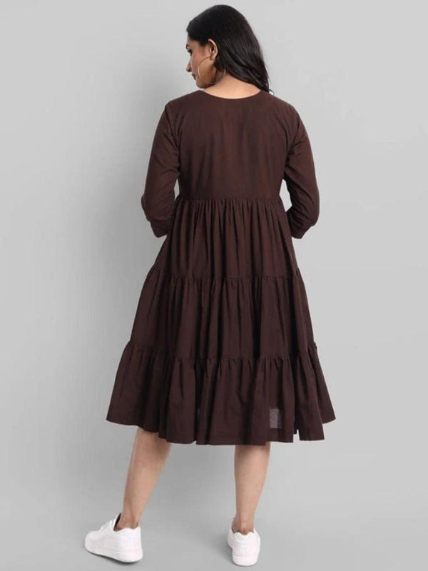 Brown Flared Tier Dress in Rayon | Indolady
