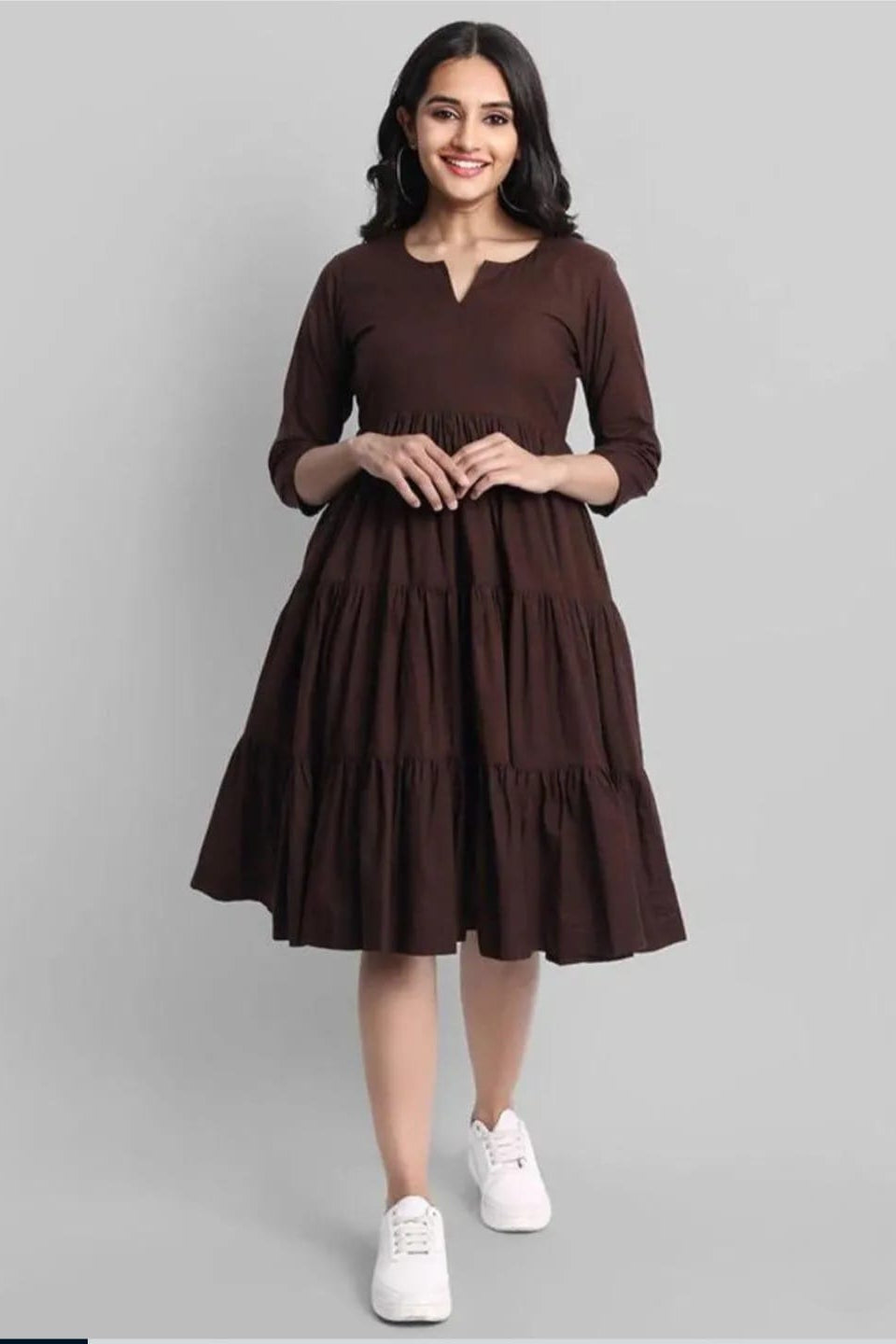 Brown Flared Tier Dress in Rayon | Indolady