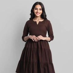 Brown Flared Tier Dress in Rayon | Indolady