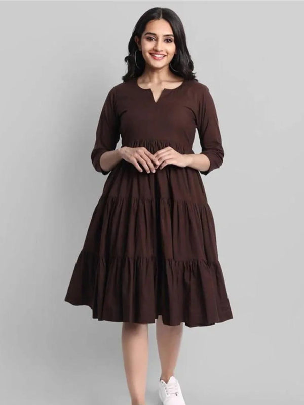 Brown Flared Tier Dress in Rayon | Indolady