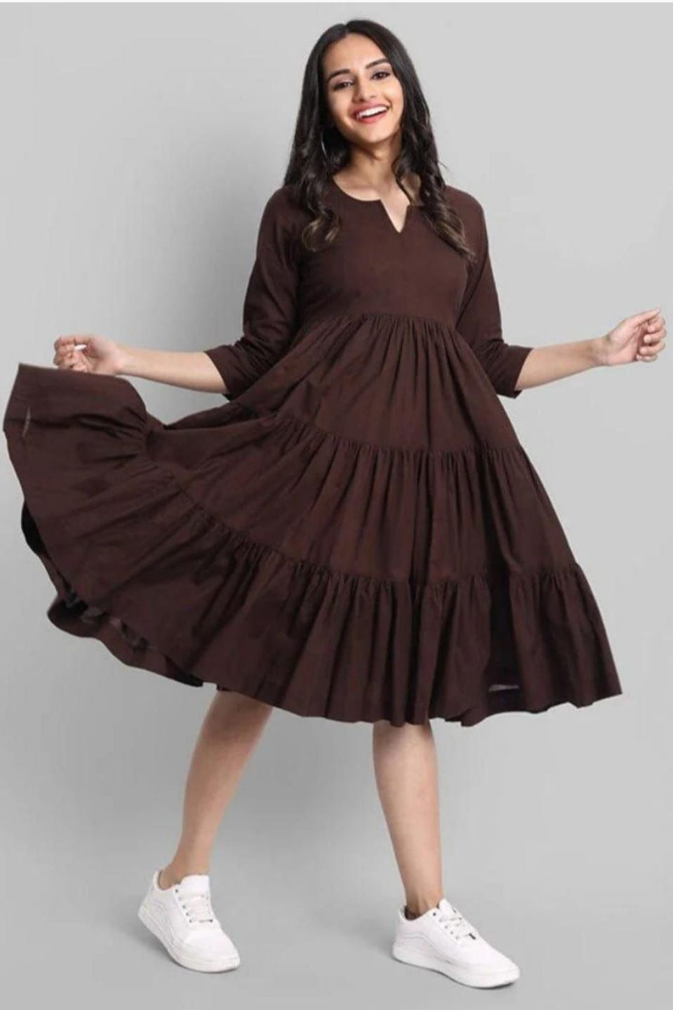 Brown Flared Tier Dress in Rayon | Indolady