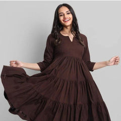 Brown Flared Tier Dress in Rayon | Indolady