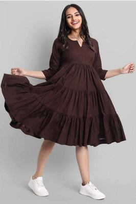 Brown Flared Tier Dress in Rayon | Indolady