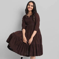 Brown Flared Tier Dress in Rayon | Indolady