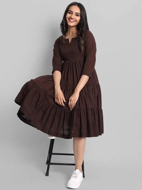 Brown Flared Tier Dress in Rayon | Indolady