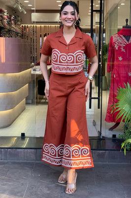 Terracotta Twist – Embroidered Cotton Co-Ord Set with Crop Shirt & Flared Pants