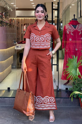 Terracotta Twist – Embroidered Cotton Co-Ord Set with Crop Shirt & Flared Pants
