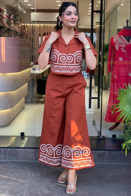Terracotta Twist – Embroidered Cotton Co-Ord Set with Crop Shirt & Flared Pants