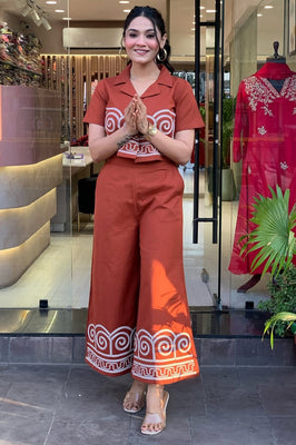 Terracotta Twist – Embroidered Cotton Co-Ord Set with Crop Shirt & Flared Pants