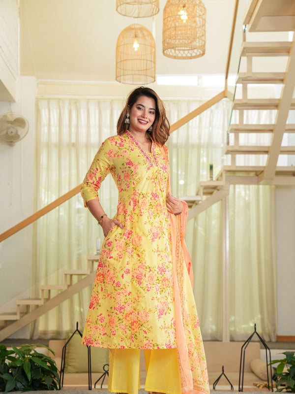 Golden Glow – Mustard Yellow Floral Kurta Pant Set