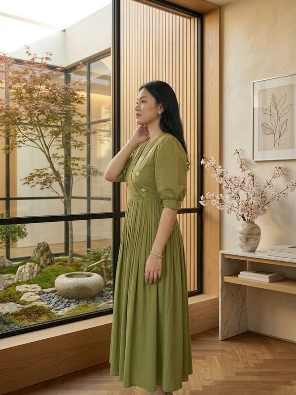 Green Grace Stylish Handwork Midi Dress