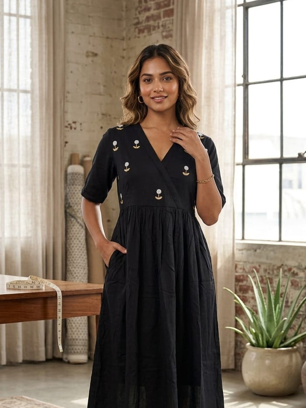 Midnight Black Handwork Midi | Soft Rayon Fabric