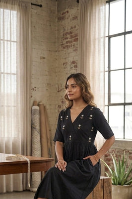 Midnight Black Handwork Midi | Soft Rayon Fabric