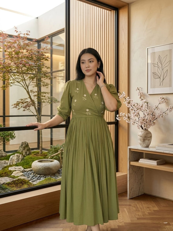 Green Grace Stylish Handwork Midi Dress