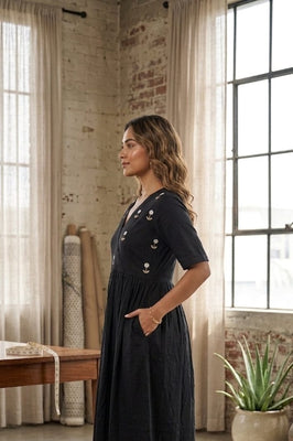 Midnight Black Handwork Midi | Soft Rayon Fabric