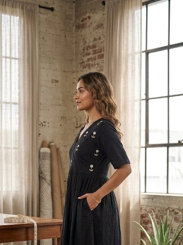 Midnight Black Handwork Midi | Soft Rayon Fabric