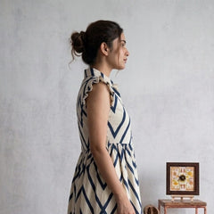 Indolady Geometric Print Flared Rayon Dress with Ruffle Sleeves