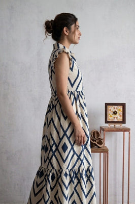 Indolady Geometric Print Flared Rayon Dress with Ruffle Sleeves