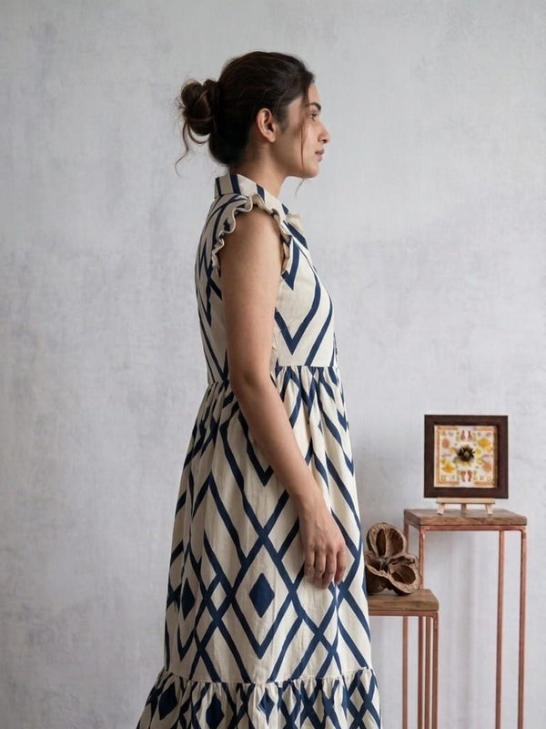 Indolady Geometric Print Flared Rayon Dress with Ruffle Sleeves