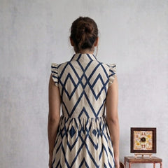 Indolady Geometric Print Flared Rayon Dress with Ruffle Sleeves