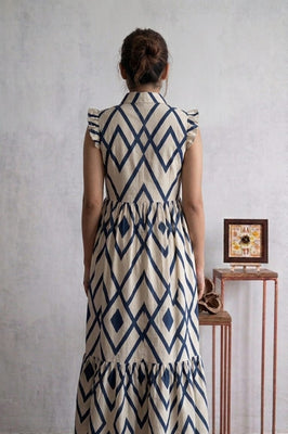 Indolady Geometric Print Flared Rayon Dress with Ruffle Sleeves