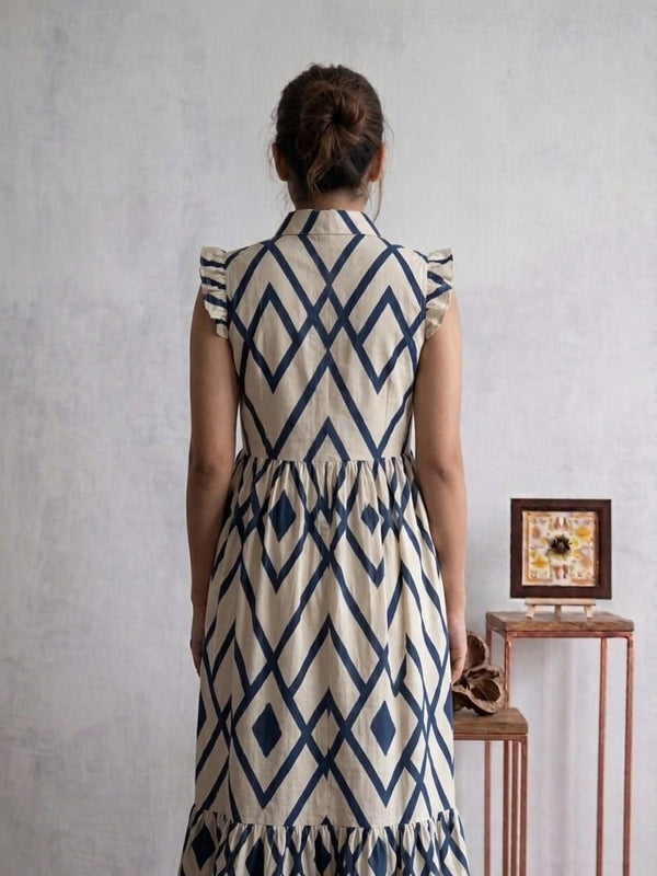 Indolady Geometric Print Flared Rayon Dress with Ruffle Sleeves