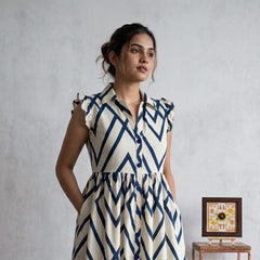 Indolady Geometric Print Flared Rayon Dress with Ruffle Sleeves
