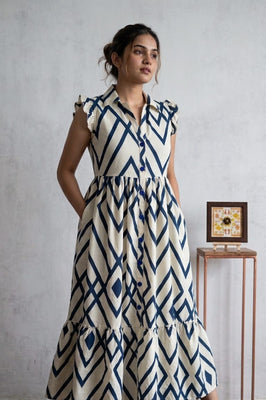 Indolady Geometric Print Flared Rayon Dress with Ruffle Sleeves