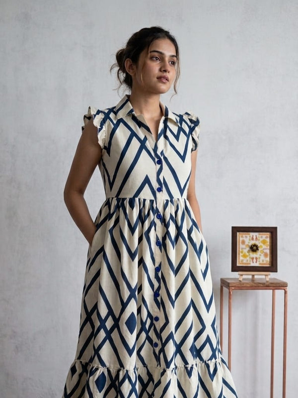 Indolady Geometric Print Flared Rayon Dress with Ruffle Sleeves
