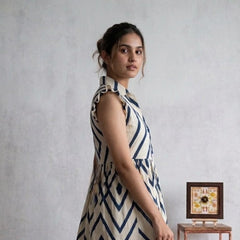 Indolady Geometric Print Flared Rayon Dress with Ruffle Sleeves