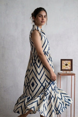 Indolady Geometric Print Flared Rayon Dress with Ruffle Sleeves