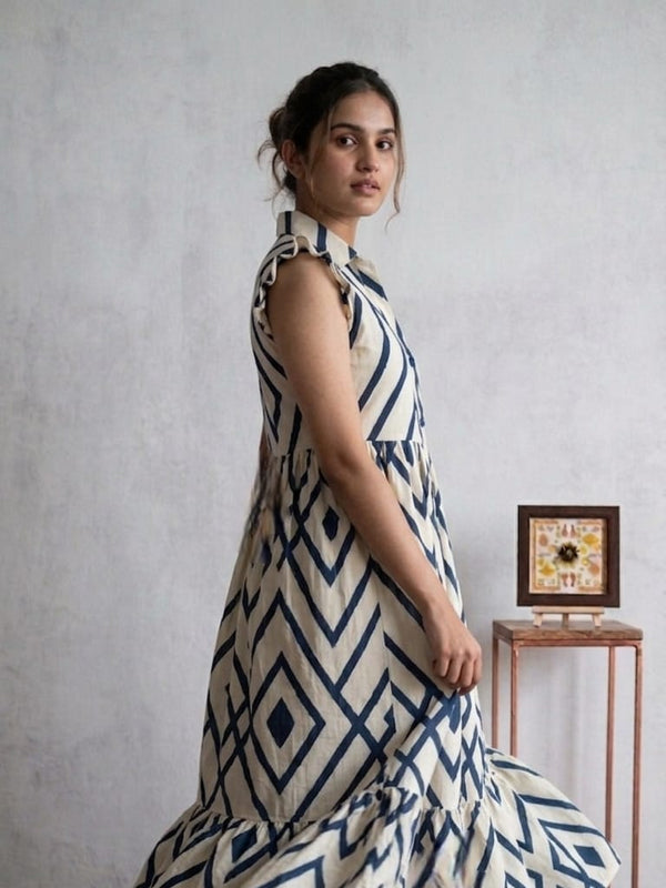 Indolady Geometric Print Flared Rayon Dress with Ruffle Sleeves