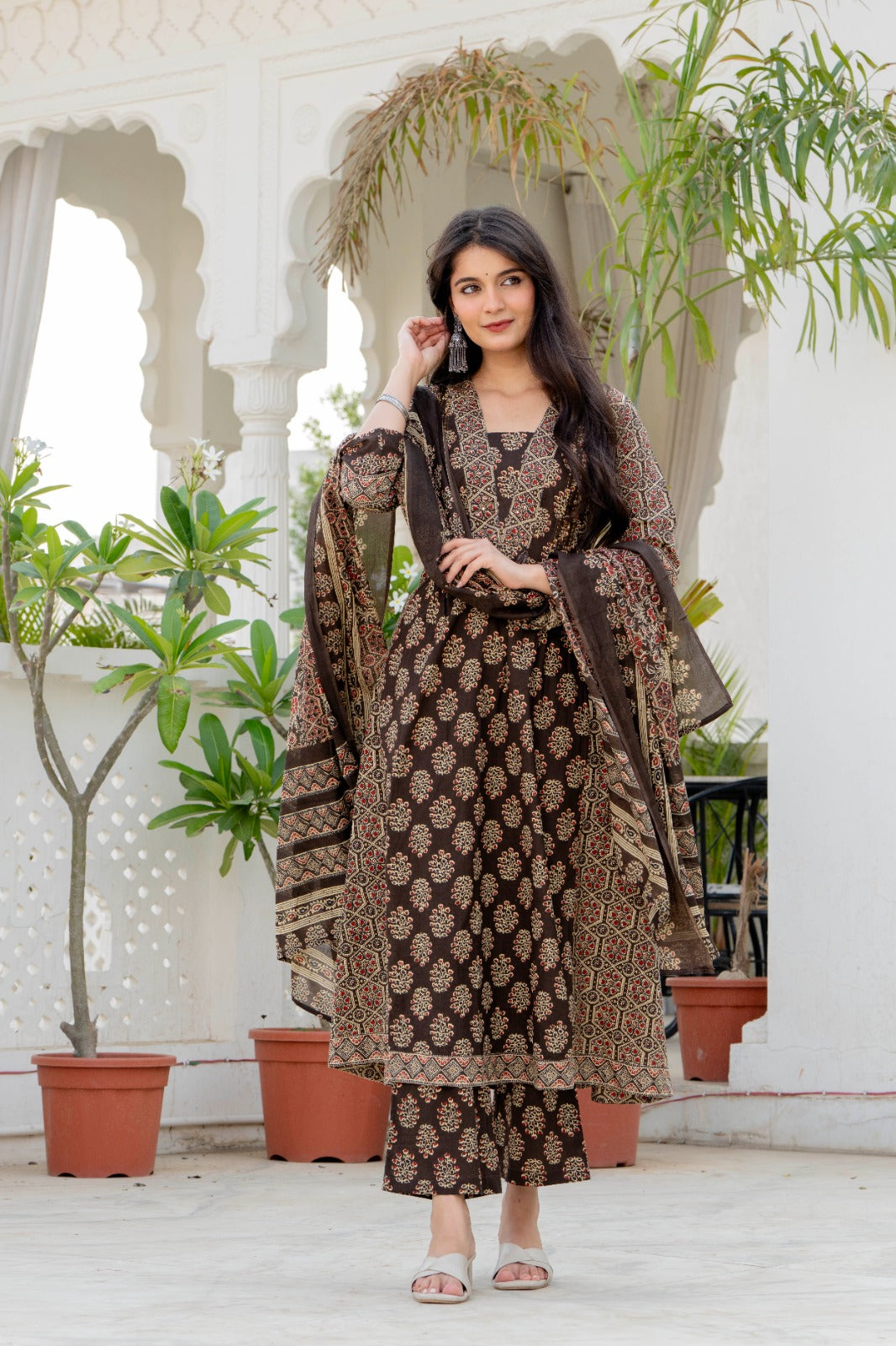 Indolady Royal Ajrakh Premium Cotton Long Kurta Pant Dupatta Set