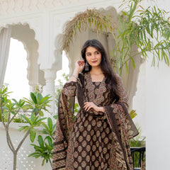 Indolady Royal Ajrakh Premium Cotton Long Kurta Pant Dupatta Set